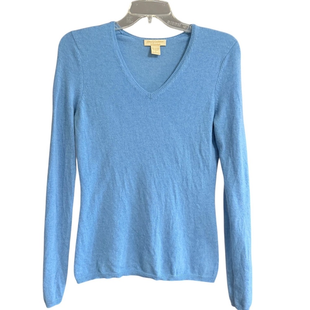Simply Cashmere Womens 100% Cashmere V-Neck Sweater Sky Blue Size S Pullover